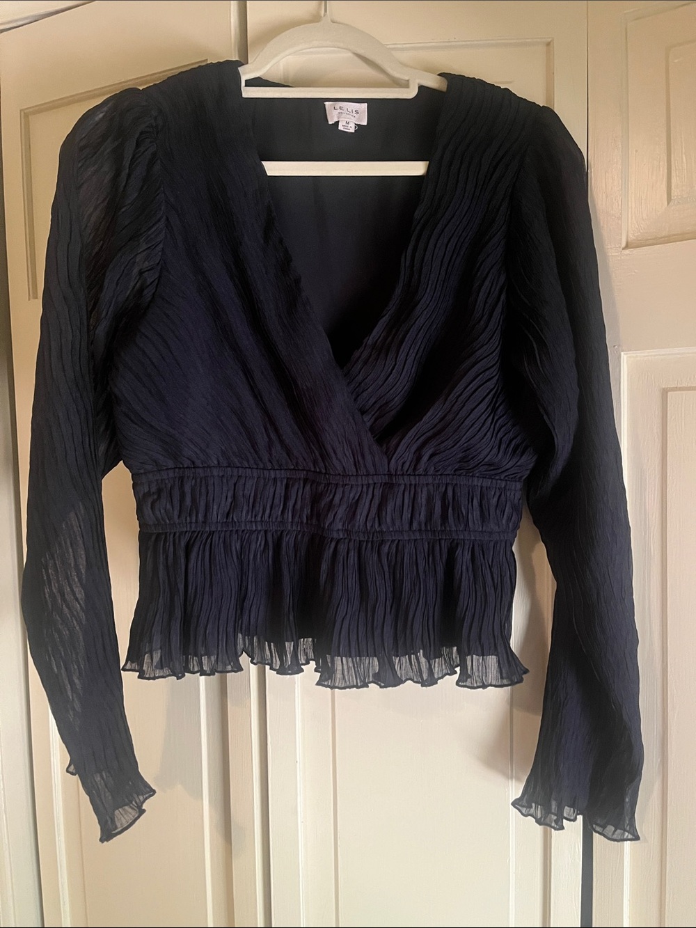 Lelis Navy Pleated Wrap Peplum Top